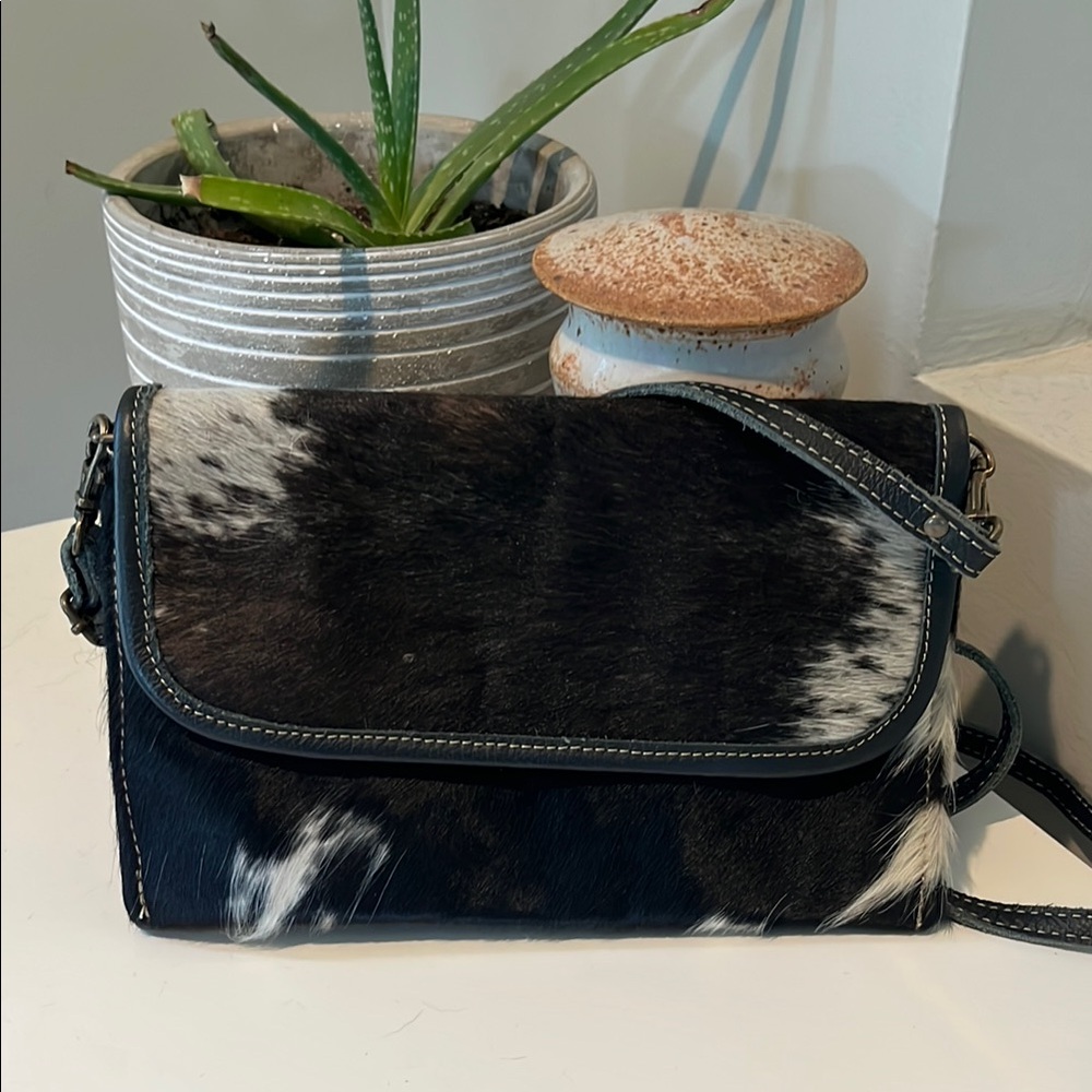 Myra Bag Black and White Crossbody Bag with Flap Closure